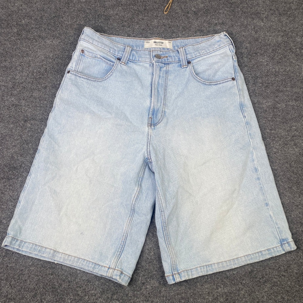 Hollister Super Baggy Denim Jorts Mens 32 Light Wash Blue Dice Graphic Relaxed